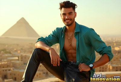 A beaming man sits in an open green shirt before a pyramid in warm sunlight