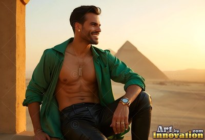 Seated smiling man wearing an open green silk shirt on a balcony overlooking the pyramids