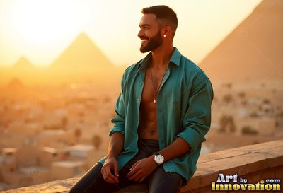 A happy man in an unbuttoned bright teal shirt sits on a ledge before the Giza pyramids at sunset
