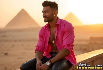 Above the pyramids at sunset, a cheerful man sits in an open pink shirt