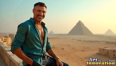 Smiling on a balcony, a man in an open light teal shirt sits before the Giza pyramids in sunlight