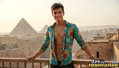 Smiling man dressed in an unbuttoned deep teal shirt on a balcony by pyramids