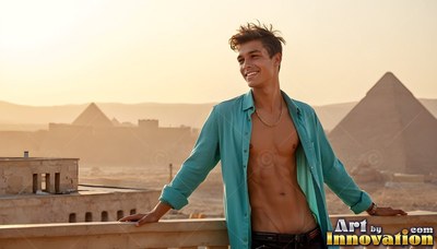 Smiling young adult man leaning on a balcony above pyramids in an open teal shirt
