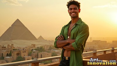 A cheerful man in an open green shirt stands on a balcony before the Giza pyramids