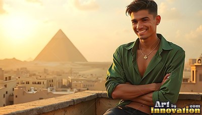 On a balcony above pyramids, a happy man stands in an open green shirt