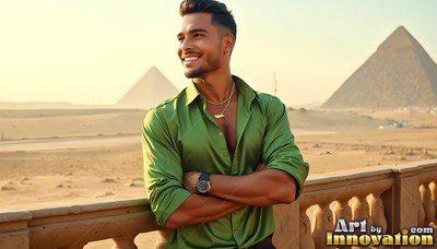 Smiling with arms crossed, a man in an open green soft silk shirt overlooks the pyramids