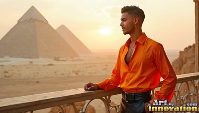 A man in an orange thin silk shirt on a balcony by the pyramids
