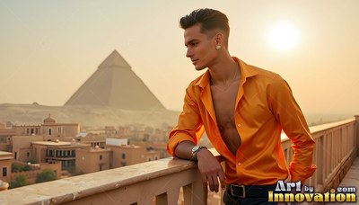 Wearing an unbuttoned orange silk shirt, a man rests on a balcony above Giza pyramids
