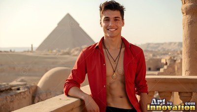 A cheerful man dressed in an unbuttoned red shirt leans on a stone balcony under warm desert sunlight