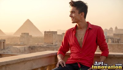 Smiling in profile on a balcony, a man in a red shirt looks toward the pyramids
