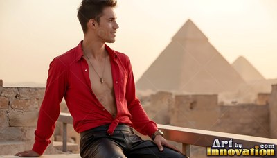 A man wearing an unbuttoned red shirt sits on a balcony with the pyramids behind him