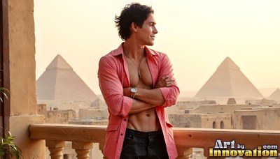 On a balcony above pyramids, a man stands in an open coral shirt