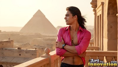 Standing on a balcony, a man in an open pink shirt looks toward the pyramids at Giza