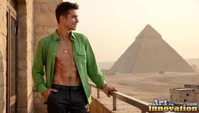 A man dressed in an unbuttoned green shirt on a balcony by a pyramid