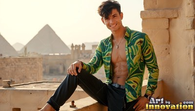 In an open green soft silk shirt, a smiling younger man sits on a rooftop above pyramids