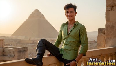 A smiling young man leans on a balcony in a green shirt under warm sunlight