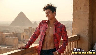 Leaning on a stone balcony, a cheerful man wears an open red shirt above pyramids
