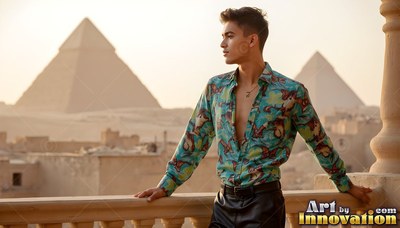 A man with an open green patterned shirt stands on a balcony near pyramids