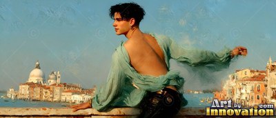 On a sunny balcony, a young man leans back in a sheer blue silk shirt
