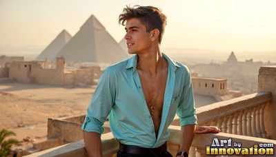 Leaning on a stone balcony, a young man in an open teal shirt looks past the pyramids