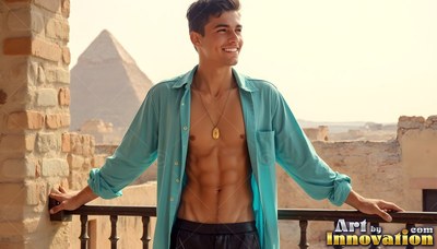 A cheerful man with an unbuttoned turquoise shirt stands on a balcony by the pyramids