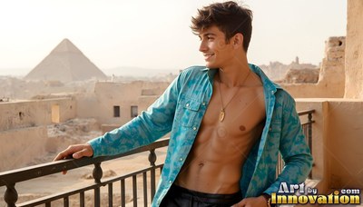 A smiling youthful man with an open turquoise shirt leans on a balcony in warm afternoon light
