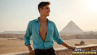 Leaning on a balcony, a smiling youthful man with an open teal shirt views the pyramids