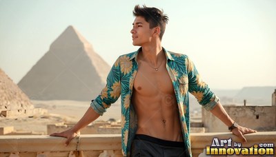 A young adult man wearing an open patterned green shirt stands on a balcony near the pyramids