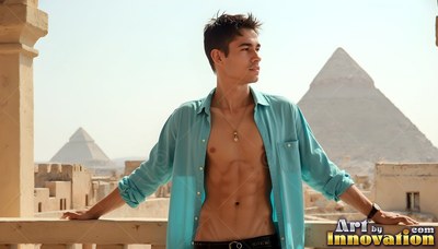 On a sunny balcony above pyramids, a guy leans back in an open dark teal shirt