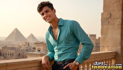 A smiling man with an unbuttoned dark teal shirt leans on a stone balcony before the Giza pyramids