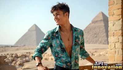 A smiling youthful man props himself on a balcony above the pyramids in bright desert sunlight