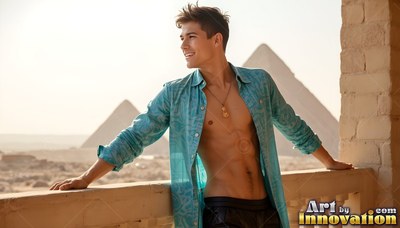 Leaning on a balcony, a man in an open blue shirt smiles near the pyramids