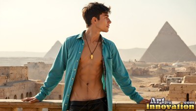 A younger man in an open bright teal shirt leans on a stone railing before the pyramids