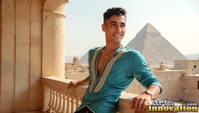 On a stone balcony, a smiling young adult man in a teal tunic leans near the pyramids