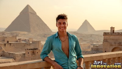 Smiling on a sunlit balcony, a man wearing an unbuttoned turquoise shirt leans by the pyramids