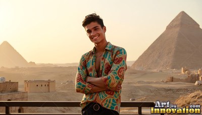 A cheerful man in a patterned open thin silk shirt stands on a balcony before pyramids