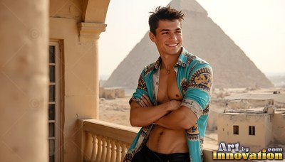 Arms crossed on a balcony, a smiling man in a teal shirt overlooks Giza pyramids