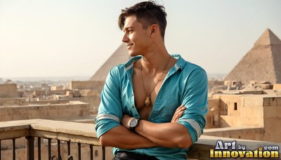 A smiling man in an unbuttoned turquoise shirt stands on a balcony near the pyramids