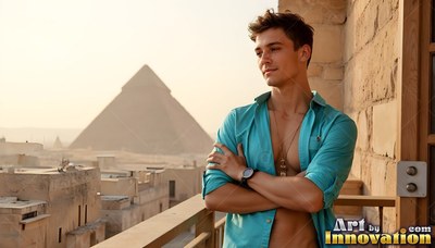 On a sunny balcony, a young man in an open teal shirt looks past the pyramids