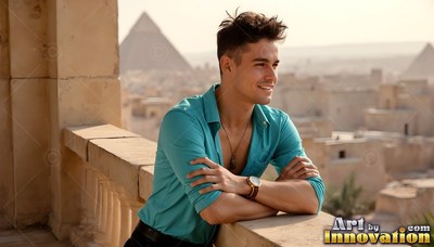 Leaning on a stone balcony, a beaming man in a teal shirt looks past pyramids under warm sunlight