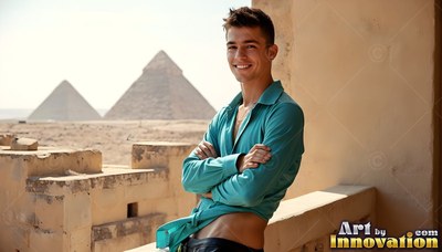 Smiling younger man in a deep teal shirt posing before the Giza pyramids