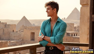 In an unbuttoned bright teal shirt, a smiling younger man leans on a balcony before the pyramids
