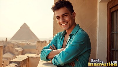 A smiling man in a teal shirt leans on a balcony in warm sunlight