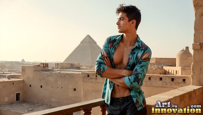 A young man in an unbuttoned patterned deep teal shirt stands on a balcony by the pyramids