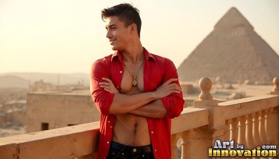 Crossing his arms, a cheerful man in an unbuttoned red shirt stands near pyramids