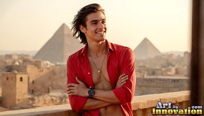 Smiling man dressed in an unbuttoned red shirt on a balcony before the pyramids