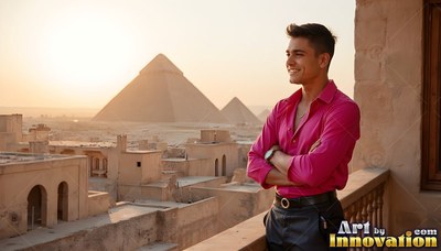 Wearing a bright pink shirt, a smiling guy stands on a balcony overlooking the pyramids