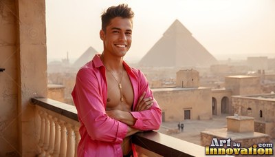 A smiling man with an open pink shirt leans on a balcony above pyramids in hazy golden sunlight