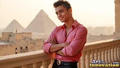 Arms crossed on a balcony, a cheerful man in pink stands before pyramids