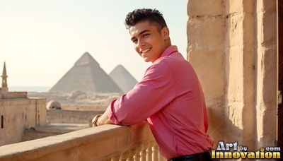 A grinning man in a pink shirt leans on a stone balcony with the pyramids behind him